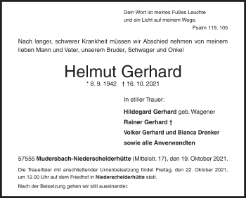 Traueranzeige von Helmut Gerhard Gerhard von Siegener Zeitung