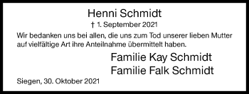 Traueranzeige von Henni Schmidt von Siegener Zeitung