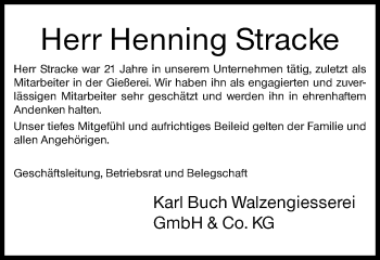 Traueranzeige von Henning Stracke von Siegener Zeitung