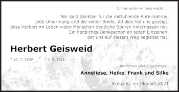 Traueranzeige von Herbert Geisweid von Siegener Zeitung