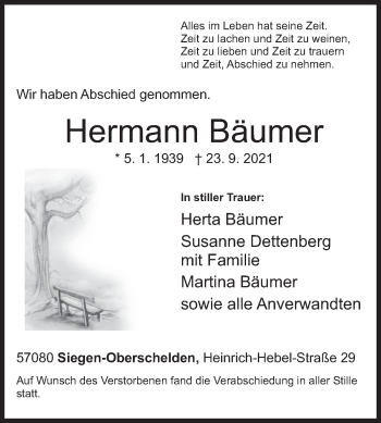 Traueranzeige von Hermann Bäumer von Siegener Zeitung