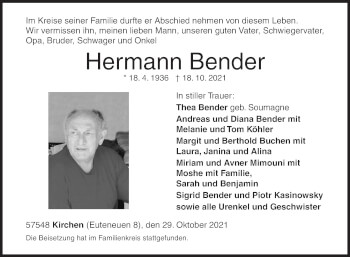 Traueranzeige von Hermann Bender von Siegener Zeitung