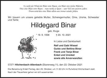 Traueranzeige von Hildegard Binar von Siegener Zeitung