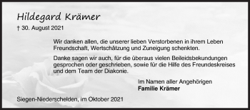 Traueranzeige von Hildegard Krämer von Siegener Zeitung
