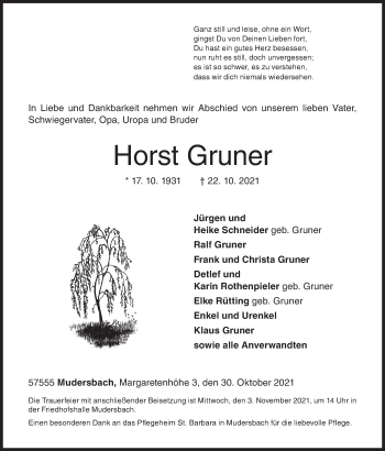 Traueranzeige von Horst Gruner von Siegener Zeitung