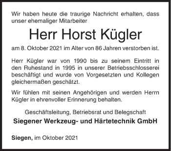 Traueranzeige von Horst Kügler von Siegener Zeitung