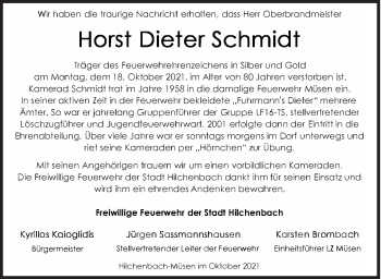 Traueranzeige von Horst Dieter Schmidt von Siegener Zeitung