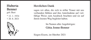 Traueranzeige von Huberta Benner von Siegener Zeitung