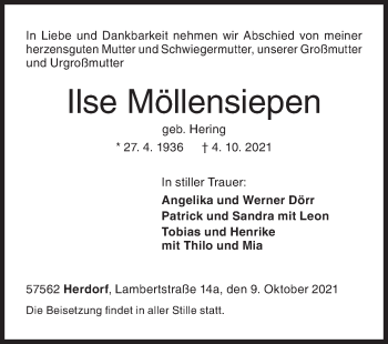 Traueranzeige von Ilse Möllensiepen von Siegener Zeitung