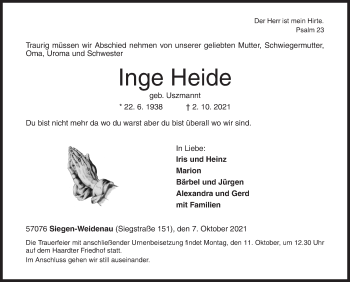 Traueranzeige von Inge Heide von Siegener Zeitung