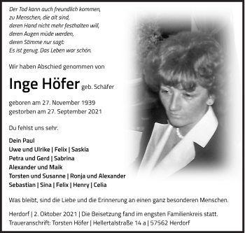 Traueranzeige von Inge Höfer von Siegener Zeitung