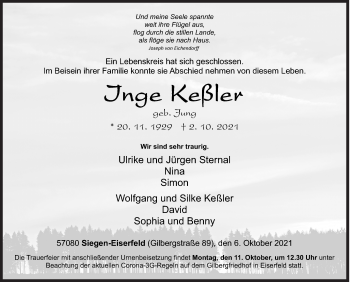 Traueranzeige von Inge Keßler von Siegener Zeitung