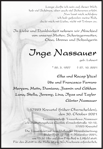 Traueranzeige von Inge Nassauer von Siegener Zeitung