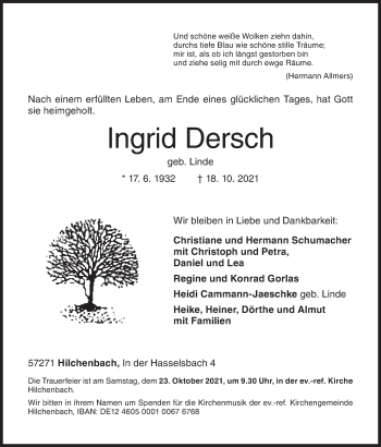 Traueranzeige von Ingrid Dersch von Siegener Zeitung
