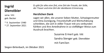 Traueranzeige von Ingrid Dienstbier von Siegener Zeitung