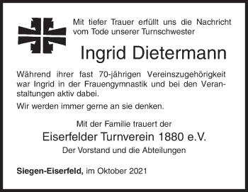 Traueranzeige von Ingrid Dietermann von Siegener Zeitung