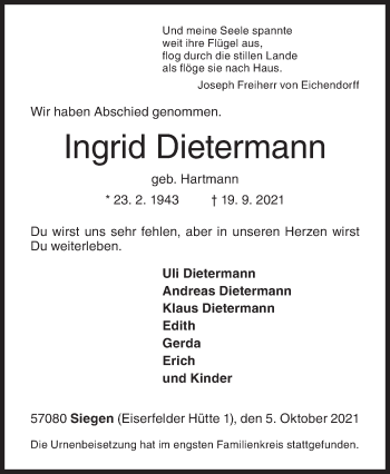 Traueranzeige von Ingrid Dietermann von Siegener Zeitung