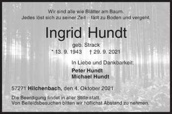Traueranzeige von Ingrid Hundt von Siegener Zeitung