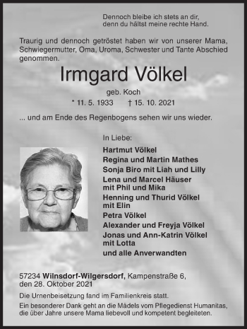 Traueranzeige von Irmgard Völkel von Siegener Zeitung