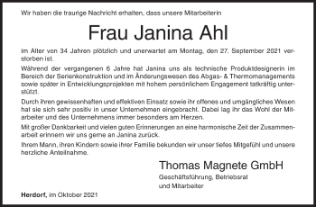 Traueranzeige von Janina Ahl von Siegener Zeitung