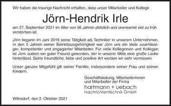 Traueranzeige von Jörn-Hendrik Irle von Siegener Zeitung