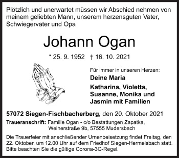Traueranzeige von Johann Ogan von Siegener Zeitung