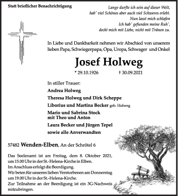 Traueranzeige von Josef Holweg von Siegener Zeitung