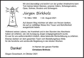 Traueranzeige von Jürgen Birkholz von Siegener Zeitung