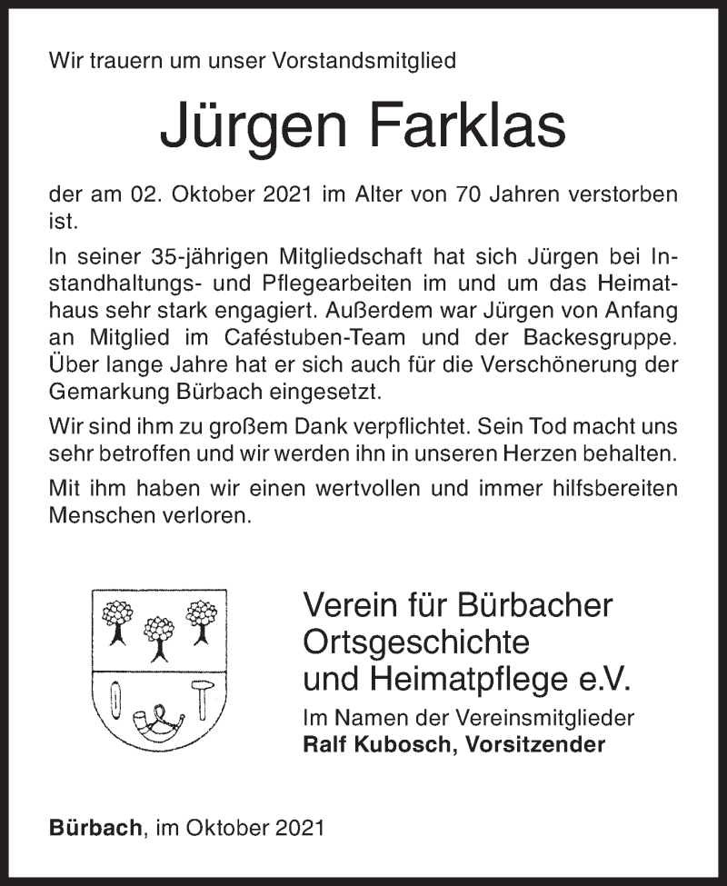  Traueranzeige für Jürgen Farklas vom 09.10.2021 aus Siegener Zeitung