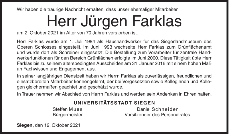  Traueranzeige für Jürgen Farklas vom 12.10.2021 aus Siegener Zeitung