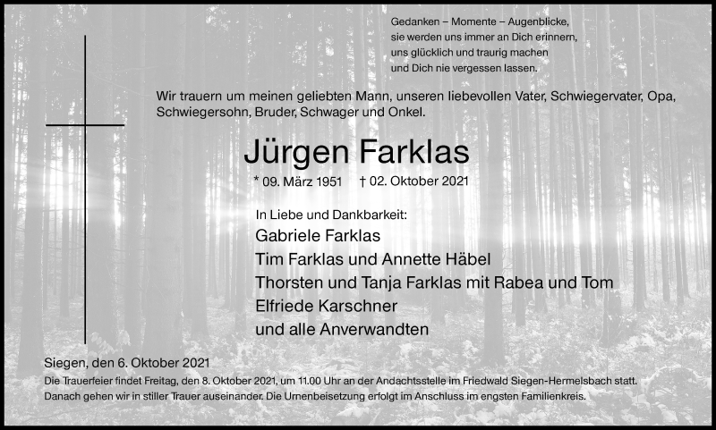  Traueranzeige für Jürgen Farklas vom 06.10.2021 aus Siegener Zeitung