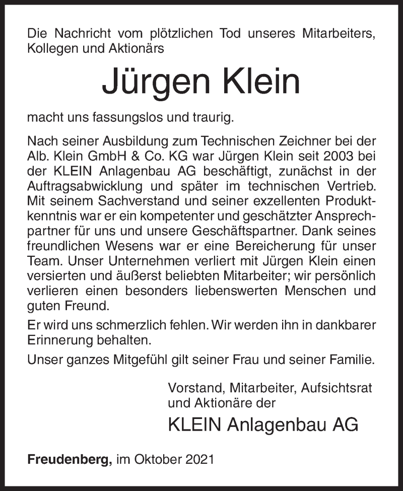  Traueranzeige für Jürgen Klein vom 22.10.2021 aus Siegener Zeitung
