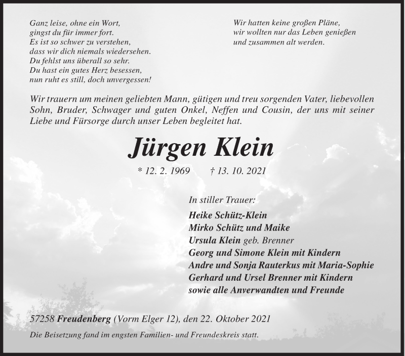 Traueranzeige für Jürgen Klein vom 22.10.2021 aus Siegener Zeitung