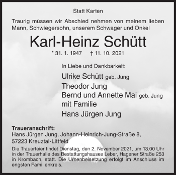Traueranzeige von Karl-Heinz Schütt von Siegener Zeitung