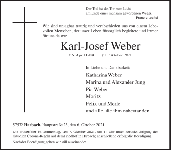 Traueranzeige von Karl-Josef Weber von Siegener Zeitung
