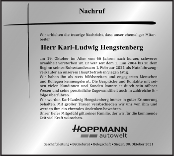 Traueranzeige von Karl-Ludwig Hengstenberg von Siegener Zeitung