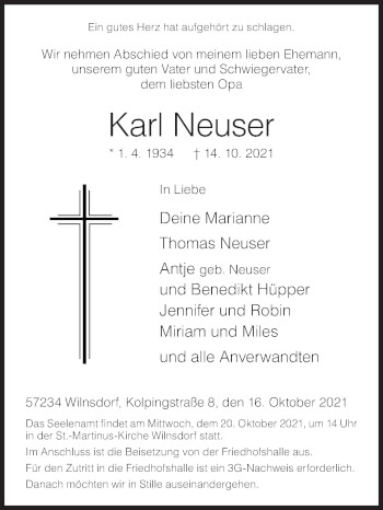Traueranzeige von Karl Neuser von Siegener Zeitung