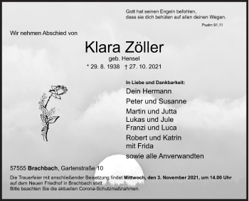 Traueranzeige von Klara Zöller von Siegener Zeitung