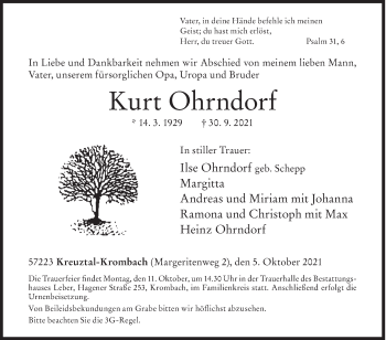 Traueranzeige von Kurt Ohrndorf von Siegener Zeitung