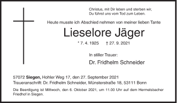 Traueranzeige von Lieselore Jäger von Siegener Zeitung