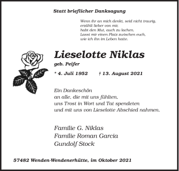 Traueranzeige von Lieselotte Niklas von Siegener Zeitung