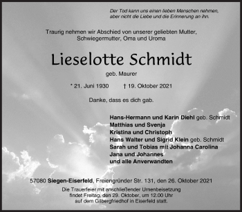 Traueranzeige von Lieselotte Schmidt von Siegener Zeitung