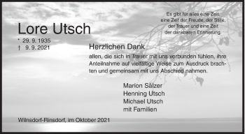 Traueranzeige von Lore Utsch von Siegener Zeitung