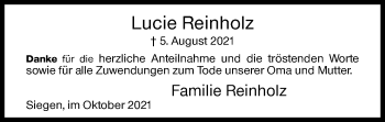 Traueranzeige von Lucie Reinholz von Siegener Zeitung