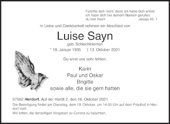 Traueranzeige von Luise Sayn von Siegener Zeitung