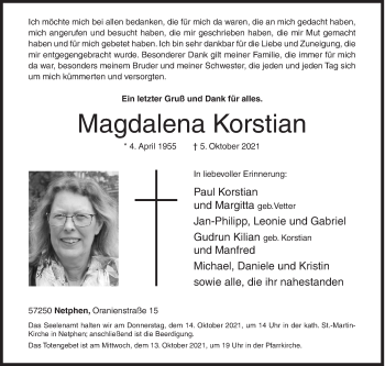 Traueranzeige von Magdalena Korstian von Siegener Zeitung
