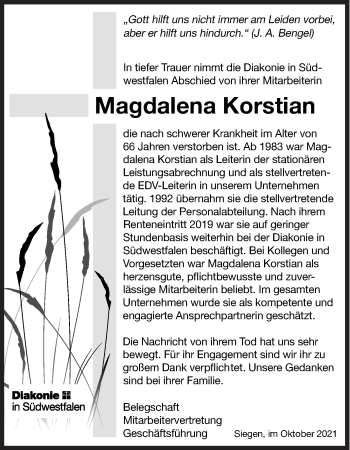 Traueranzeige von Magdalena Korstian von Siegener Zeitung