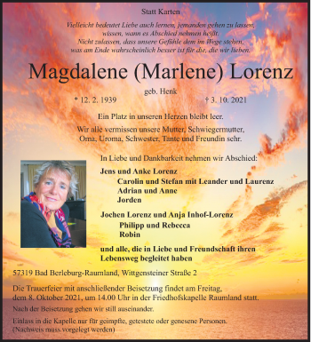 Traueranzeige von Magdalene  Lorenz von Siegener Zeitung