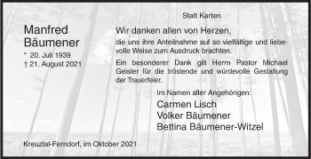 Traueranzeige von Manfred Bäumener von Siegener Zeitung