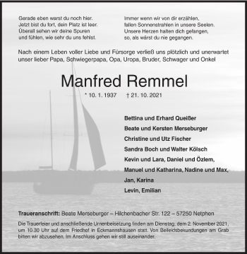 Traueranzeige von Manfred Remmel von Siegener Zeitung
